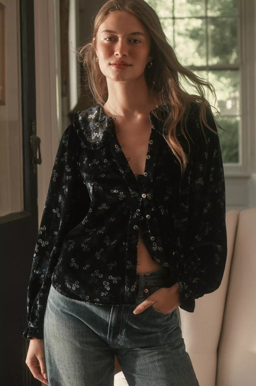 ANTHROPOLOGIE x PILCRO Keira Collared Button Down Blouse Velvet Sz XS $138 {3U7}